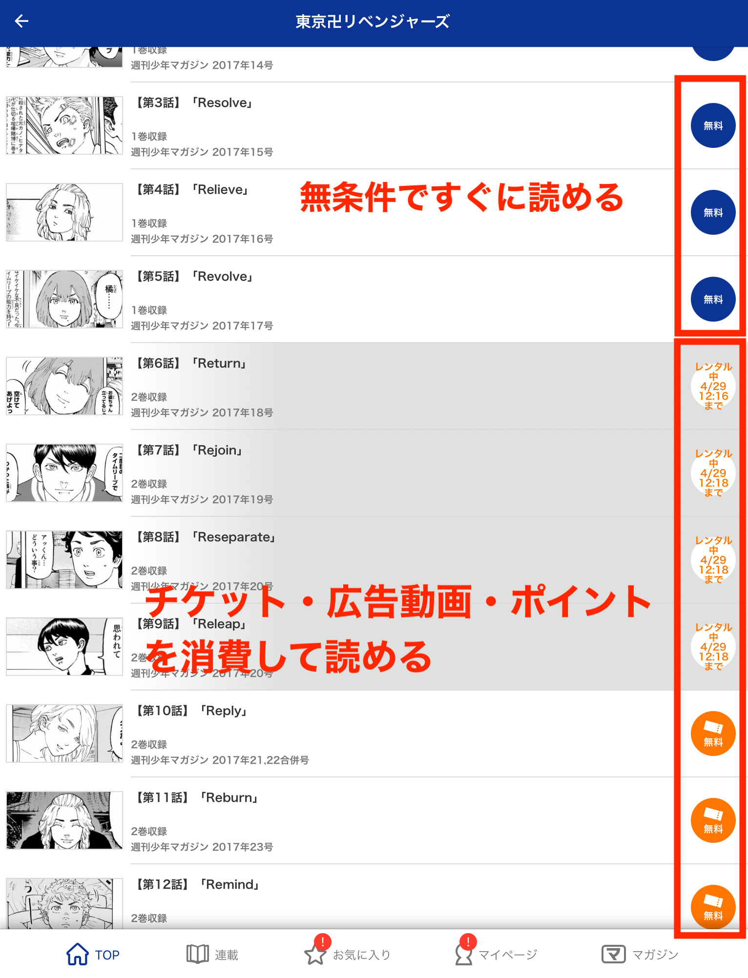 東京卍リベンジャーズを漫画アプリ「マガポケ」で4巻まで無料で読める。